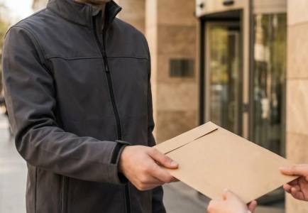 Bina girişinde zarf teslim eden iki kişi