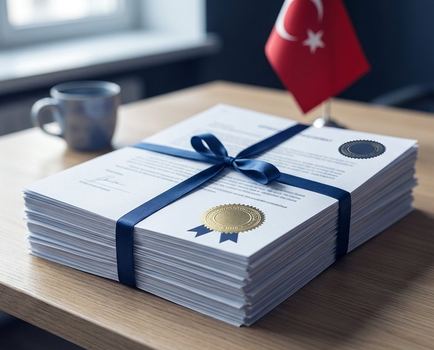 Mavi kurdeleyle bağlı, mühürlü belge destesi