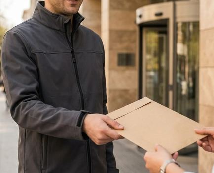 Bina girişinde zarf teslim eden iki kişi