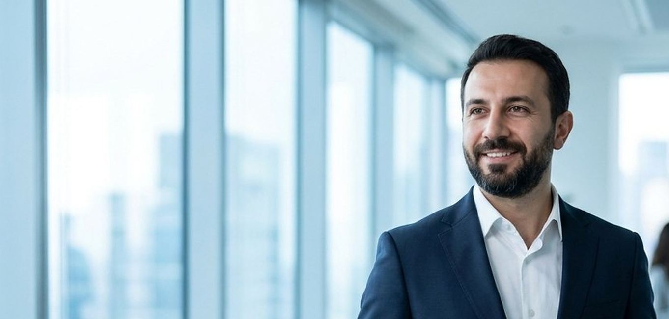 Ofis ortamında çalışan gülümseyen takım elbiseli erkek