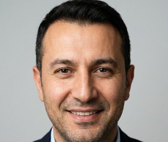 Takım elbiseli, gülümseyen erkek portresi