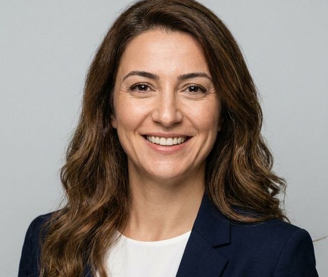 Lacivert blazer giymiş, gülümseyen kadın portresi