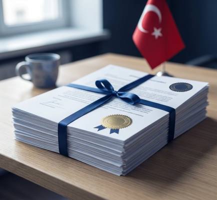 Mavi kurdeleyle bağlı, mühürlü belge destesi ve Türk bayrağı