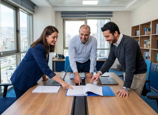 Toplantı masasında belge inceleyen üç iş arkadaşı